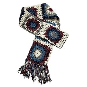 WindRiver Crochet Granny Square Scarf OS Boho Fringe 77” Retro Winter